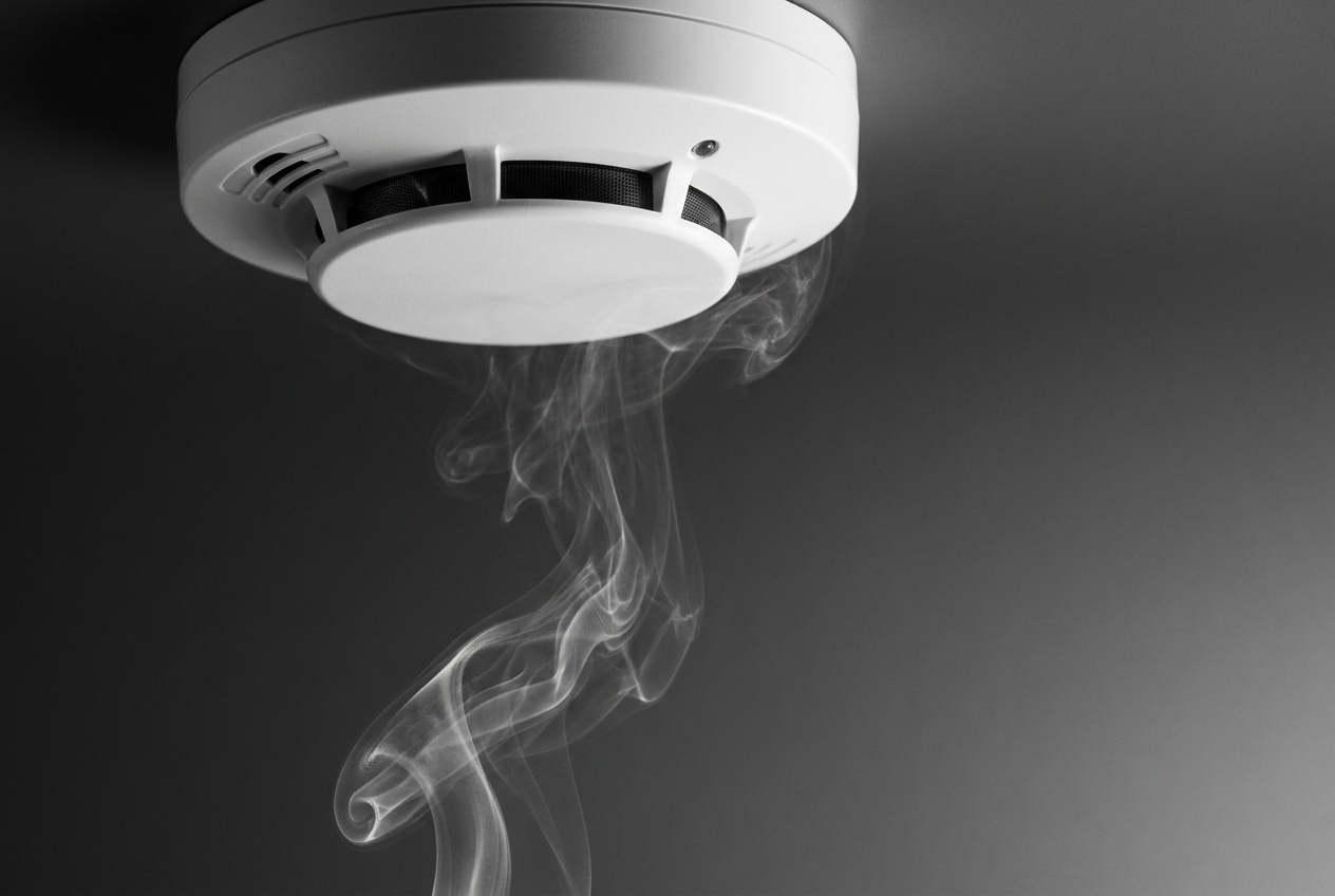 Ceiling-mounted optical smoke detector with smoke rising towards it