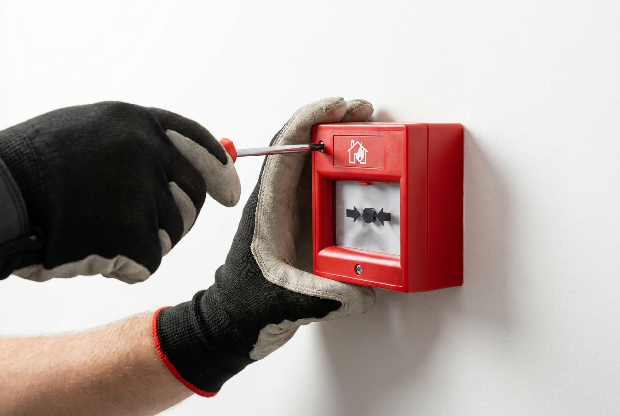 Red break-glass manual call point being installed on a wall
