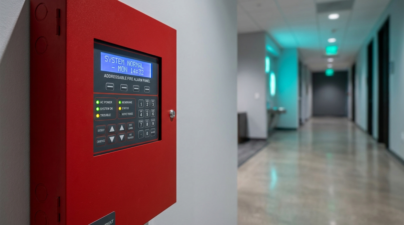 Addressable fire alarm control panel mounted on a wall