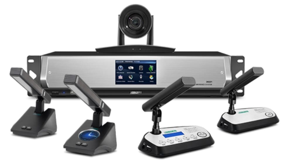 Conference control system with camera and desktop conference microphones