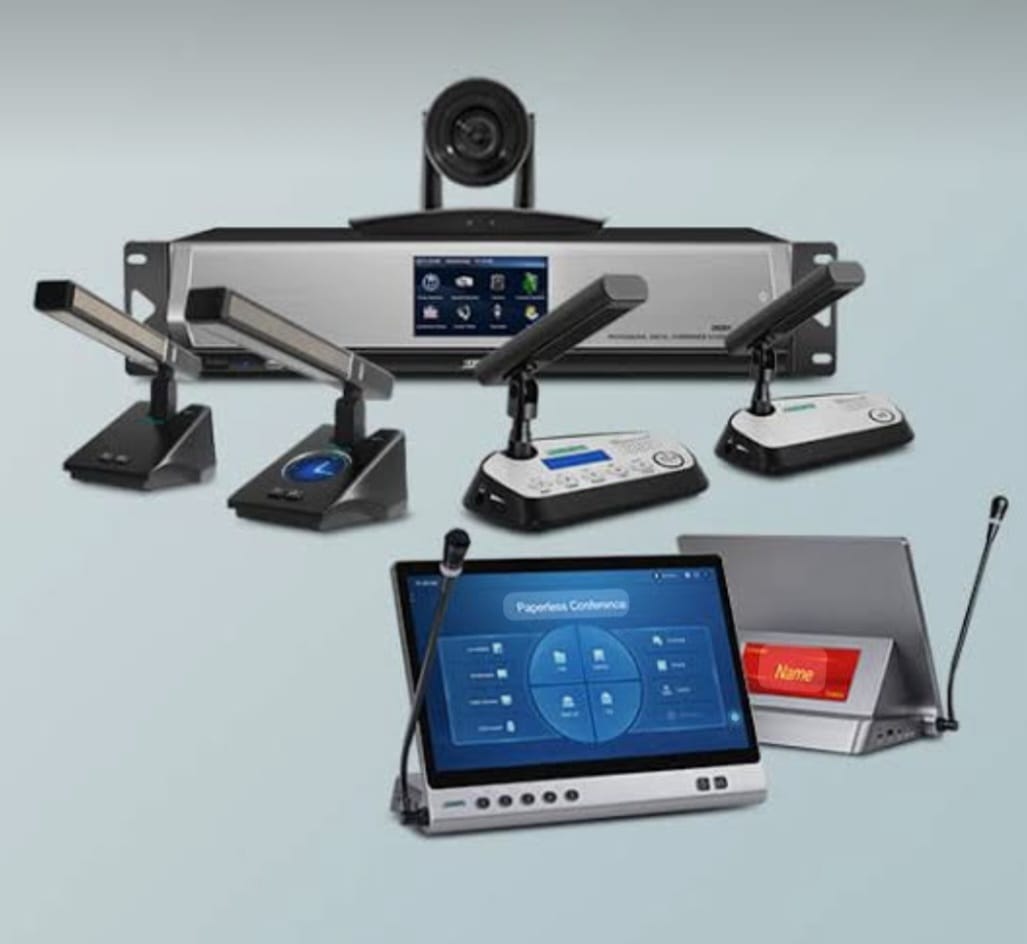 Conference system with control unit, camera, delegate microphones and paperless terminals