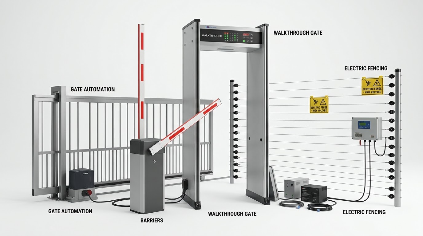 Gate automation, road barrier, walk-through gate and electric fencing
